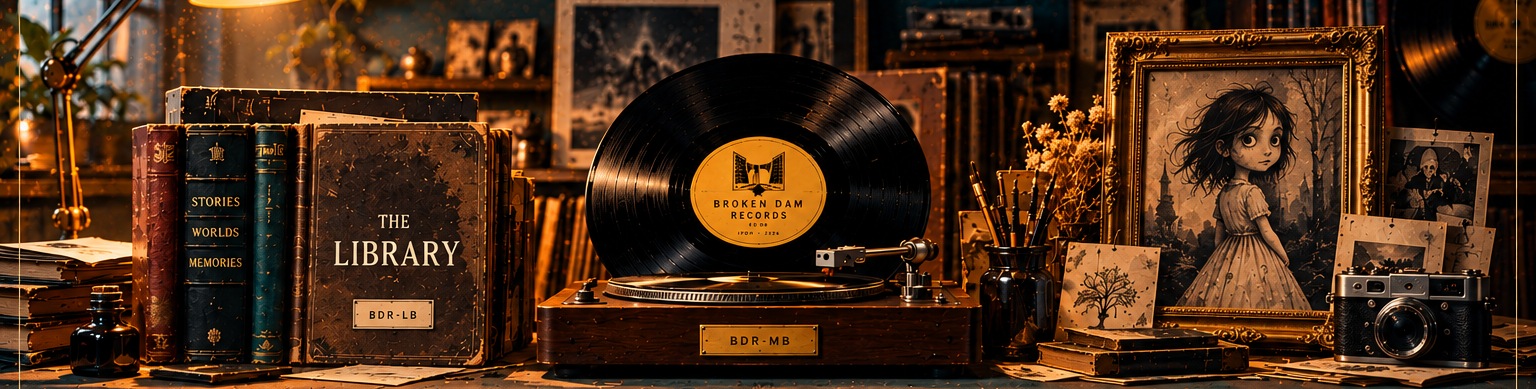 Books, record player and framed drawing in the Broken Dam archive